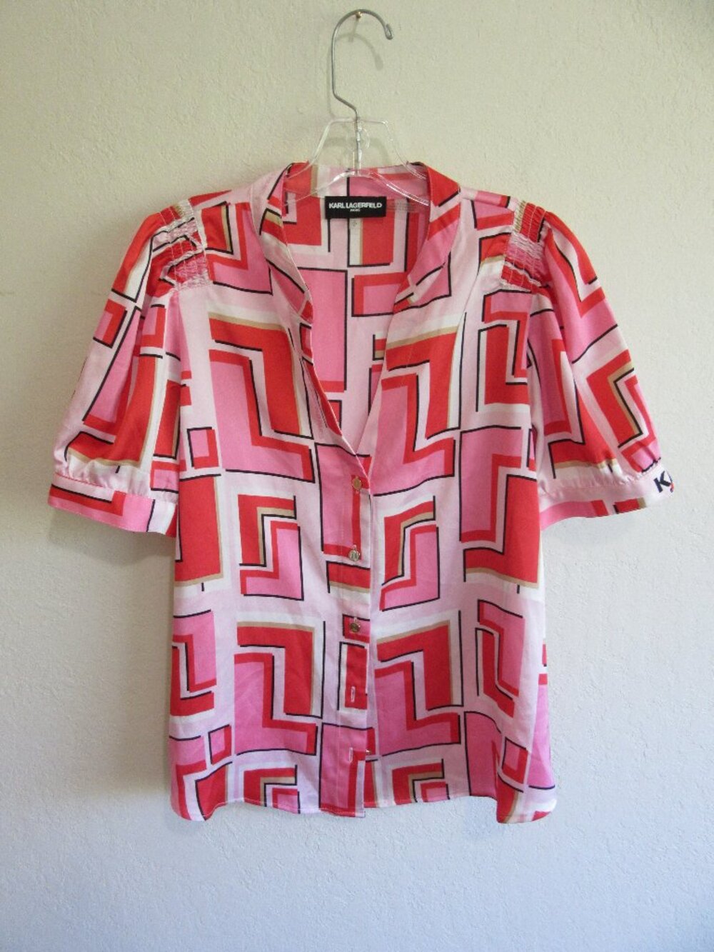 Karl Lagerfeld Colorful V-Neck Button Short Sleeve S Blouse NWT
